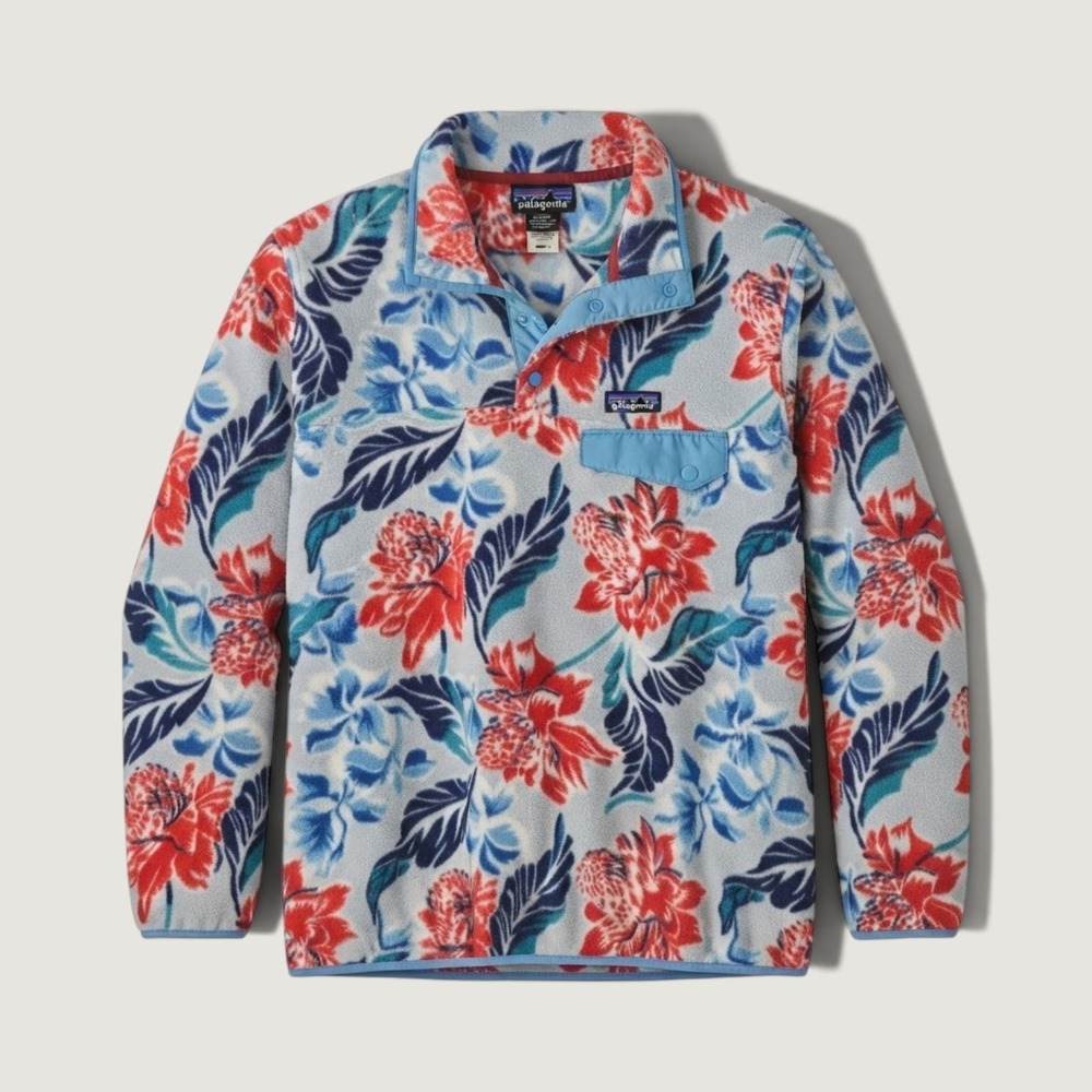 Patagonia Synchilla Snap-T Floral Fleece Pullover Blue Red Women L 25455
